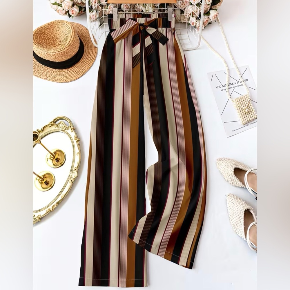 BPB225-12🤎🖤Edgy+EZ Wide-Leg Striped High-Waist Pants in Brown+black! On Trend!